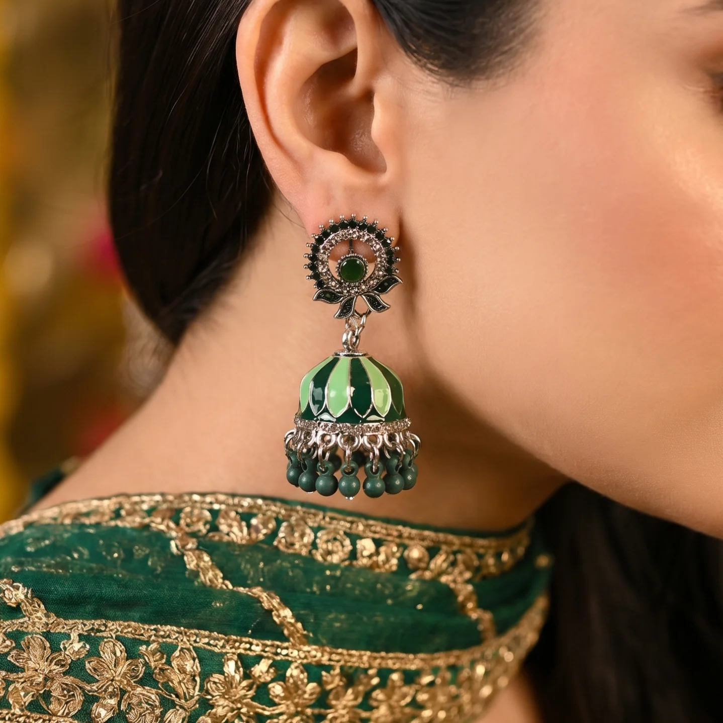 Green Oxidized Silver jhumka| With-Earrings-box