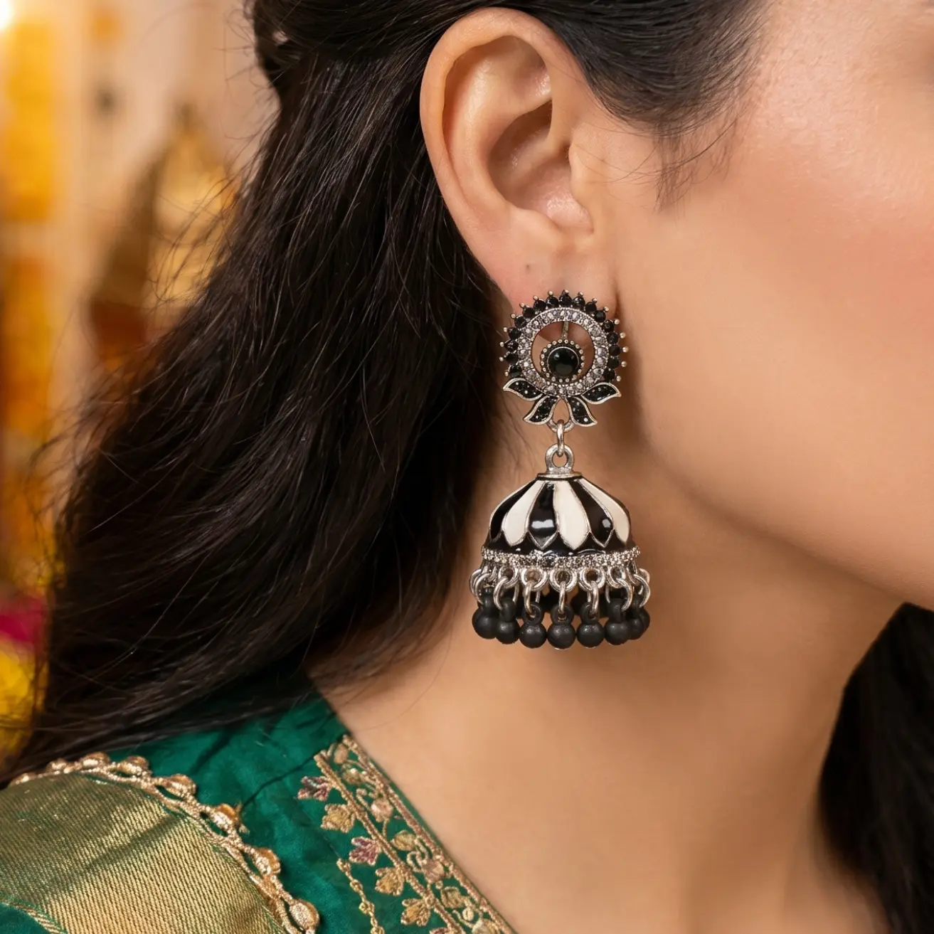Oxidized Silver black-white color jhumka | With Earrings-box