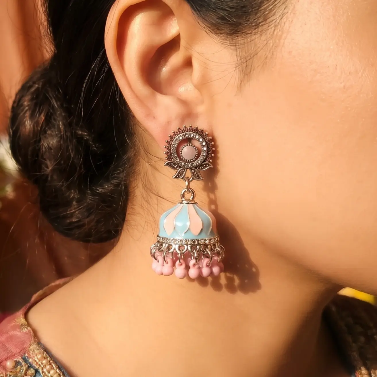Light pink and sky Blue Turquoise jhumka | With Earrings-box