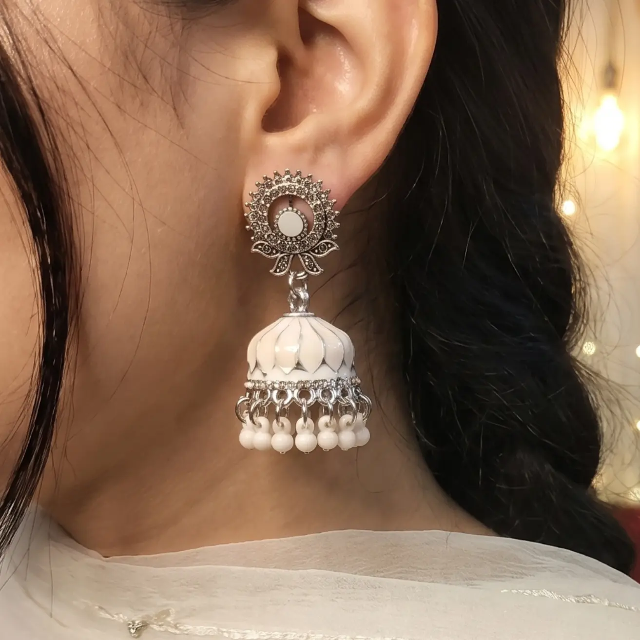 Oxidized Silver white-pearl color jhumka | With Earrings-box