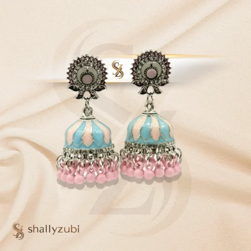 Oxidized Silver light pink and sky Blue Turquoise color jhumka for women and girls for party wear new collection 2026