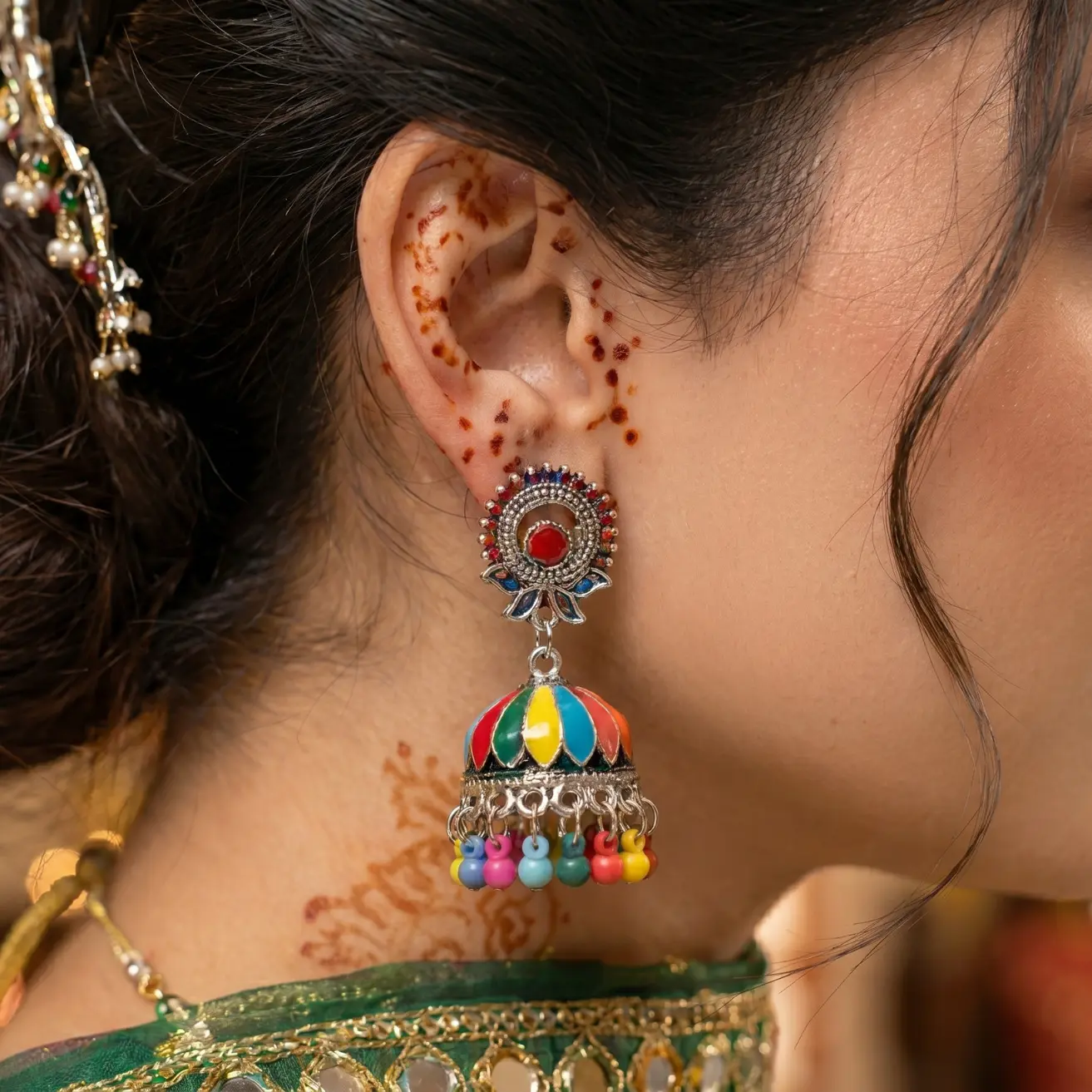 Oxidized Silver multi-color jhumka | With Earrings-box