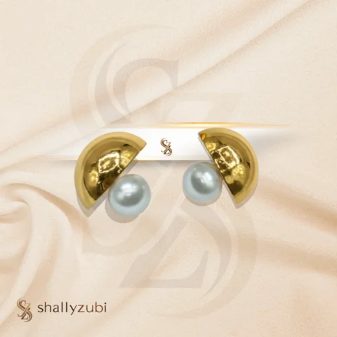 golden stud half circle shape with white pearl
