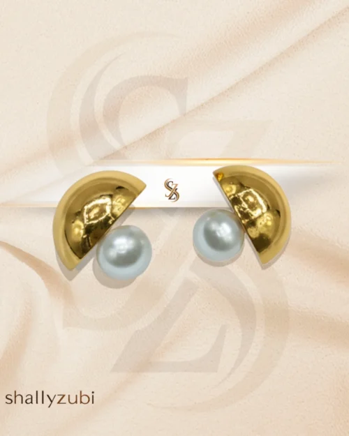 golden stud half circle shape with white pearl