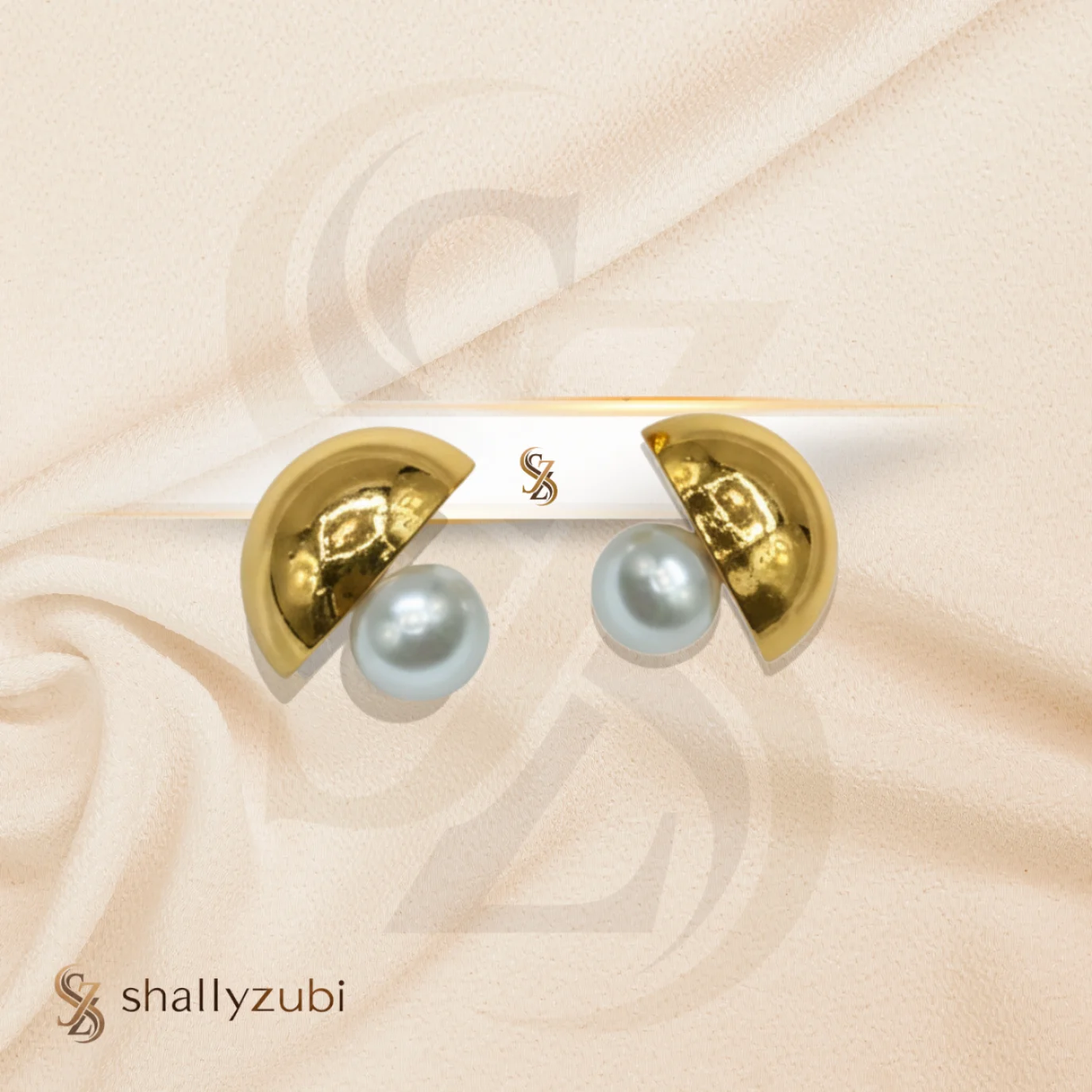 golden stud half circle shape with white pearl