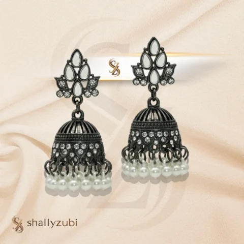 Black Bell-shape jhumki Matte finish and white Beads