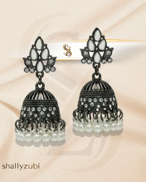 Black Bell-shape jhumki Matte finish and white Beads