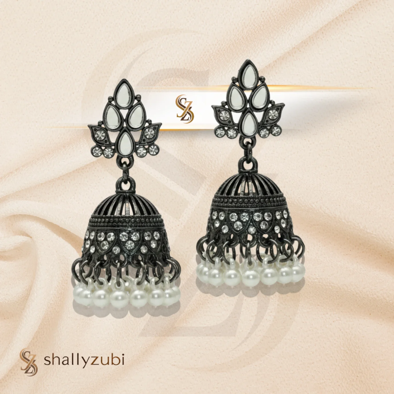 Black Bell-shape jhumki Matte finish and white Beads
