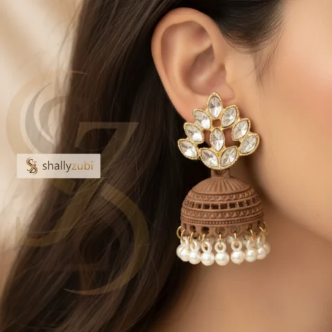 Brown Bell-shape jhumki Matte finish and white Beads