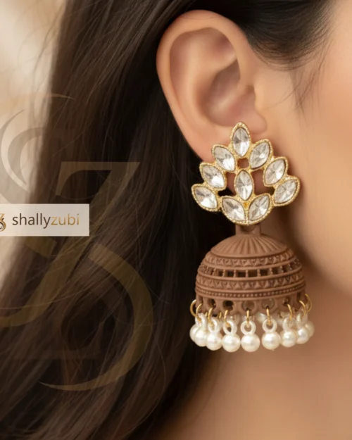 Brown Bell-shape jhumki Matte finish and white Beads