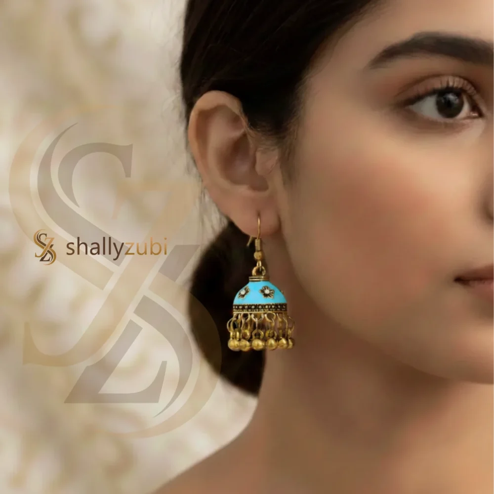 Golden coated sea-green color Bell-shaped drop jhumki | shallyzubi jhumki