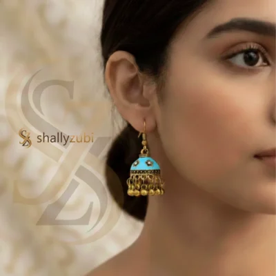 Golden coated sea-green color Bell-shaped drop jhumki