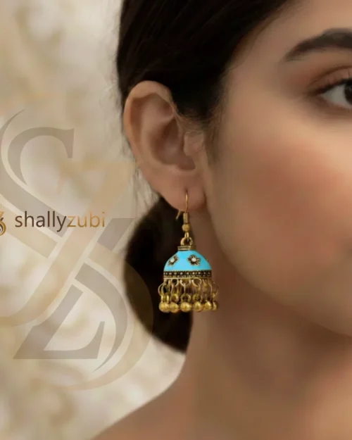 Golden coated sea-green color Bell-shaped drop jhumki