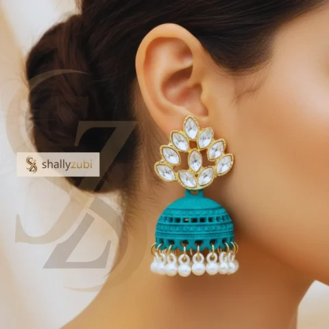 Green Bell-shape jhumki Matte finish and white Beads