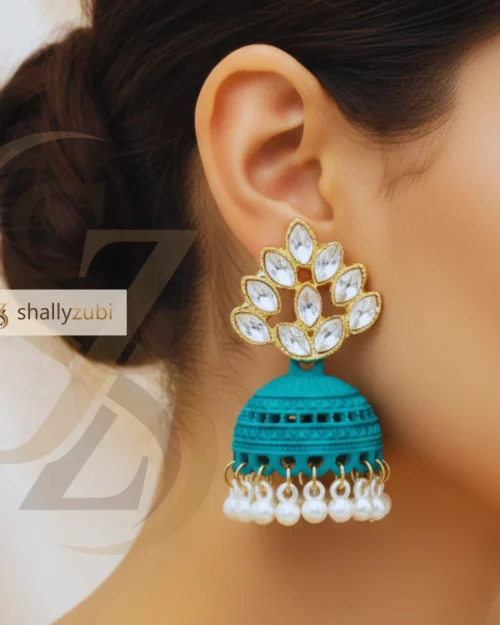 Green Bell-shape jhumki Matte finish and white Beads