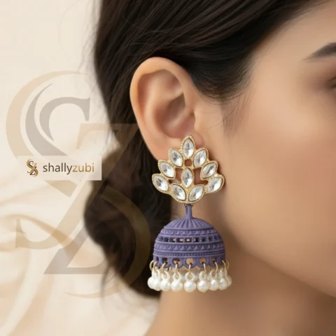 Purple Bell-shape jhumki Matte finish and white Beads