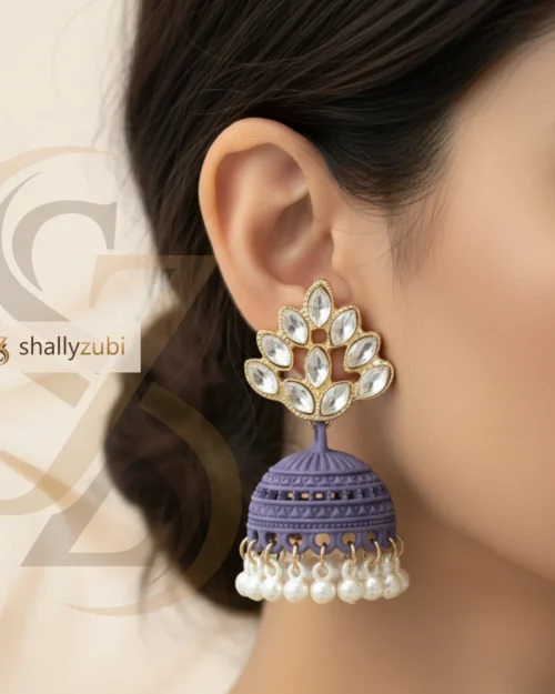 Purple Bell-shape jhumki Matte finish and white Beads