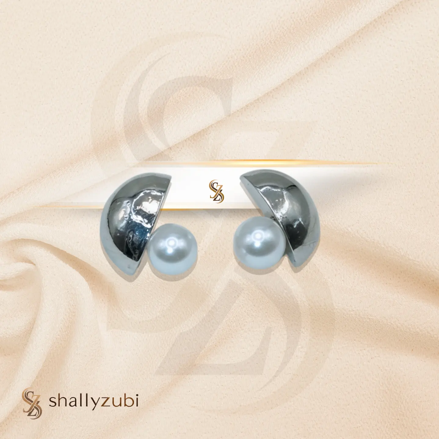 Silver and Golden color variations stud half circle shape with white pearl
