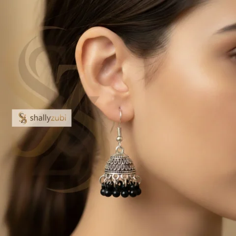 Traditional Oxidized jhumka earrings with Black bead drops