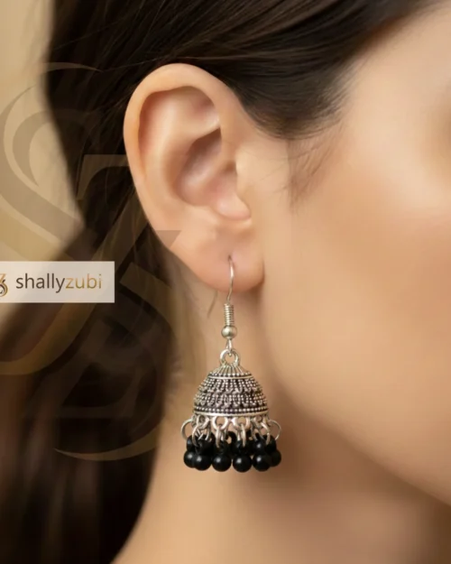 Traditional Oxidized jhumka earrings with Black bead drops