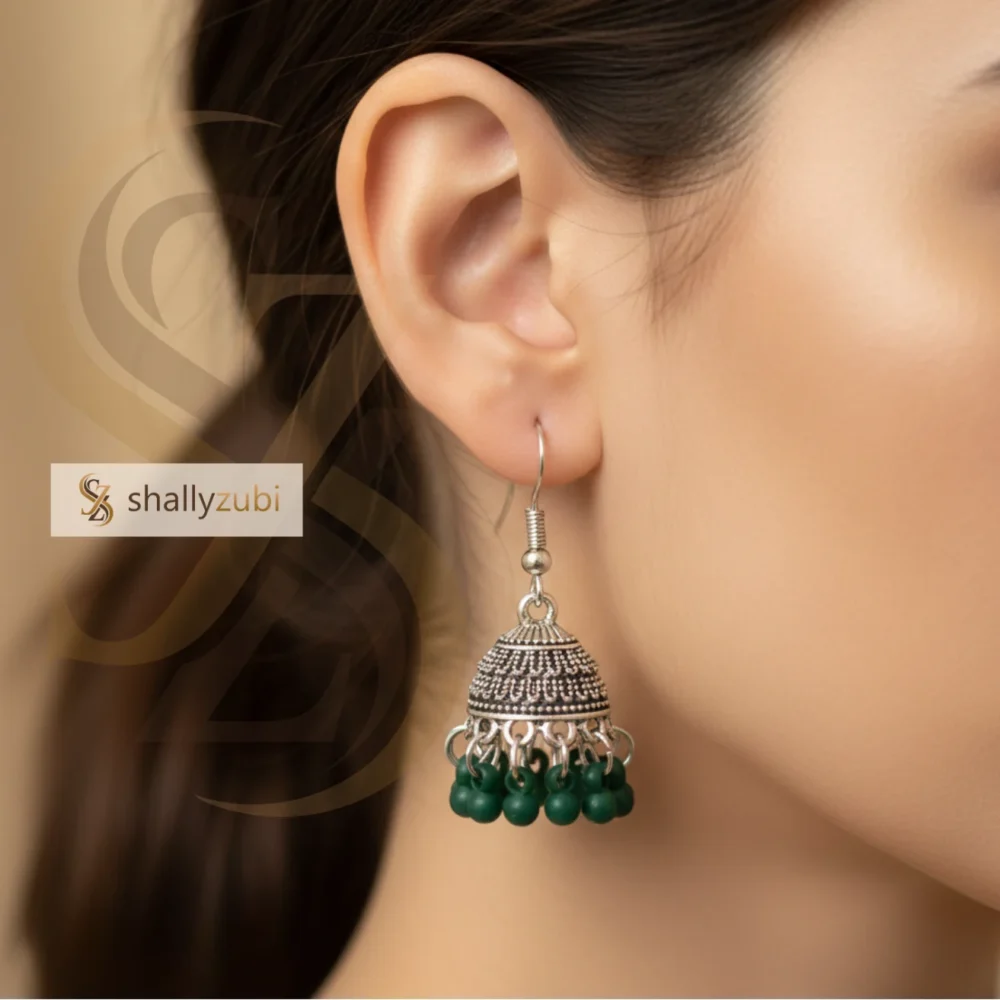 Green jhumka- Traditional Oxidized jhumka earrings with green bead drops | shallyzubi jhumki