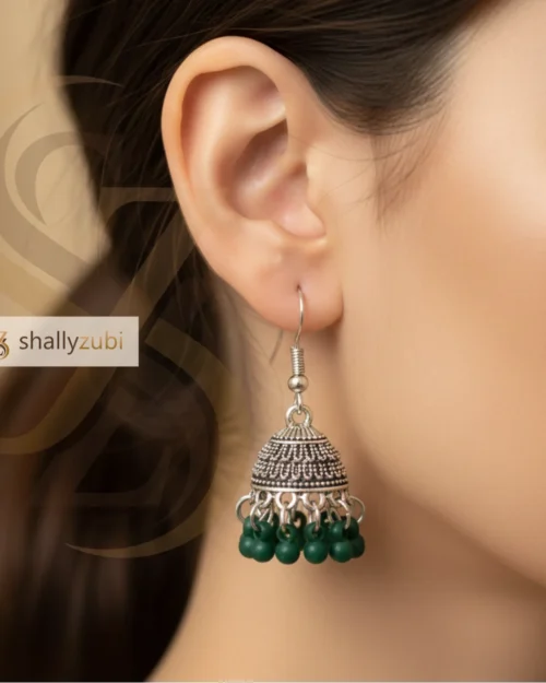 Green jhumka- Traditional Oxidized jhumka earrings with green bead drops
