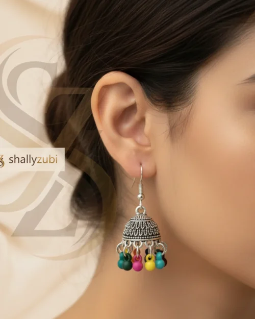 Traditional Oxidized jhumka earrings with multi-color bead drops