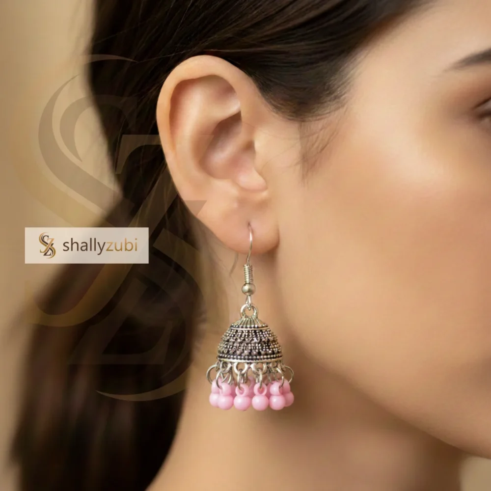 Traditional Oxidized jhumka earrings with pink bead drops | shallzubi jhumki