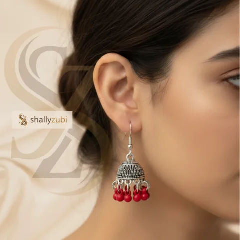 Traditional Oxidized jhumka earrings with red bead drops