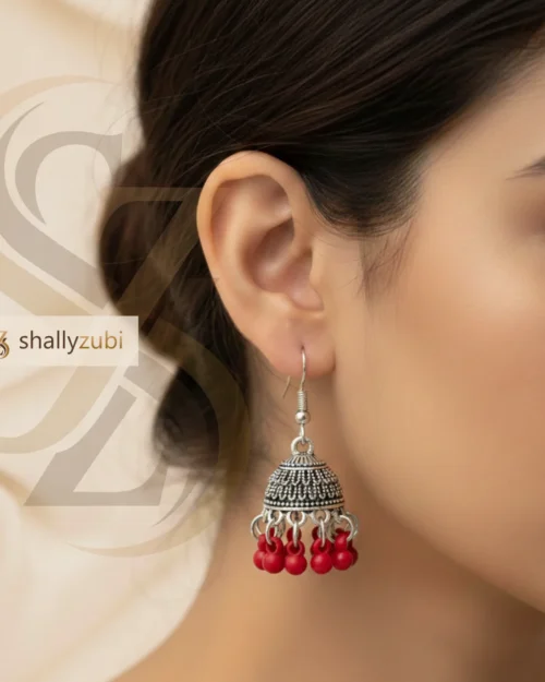 Traditional Oxidized jhumka earrings with red bead drops