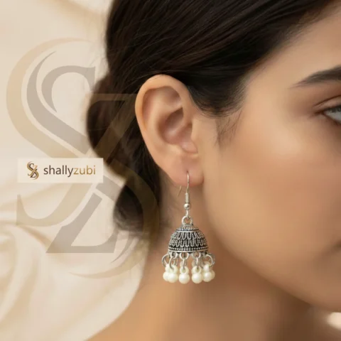 Traditional Oxidized jhumka earrings with white bead drops