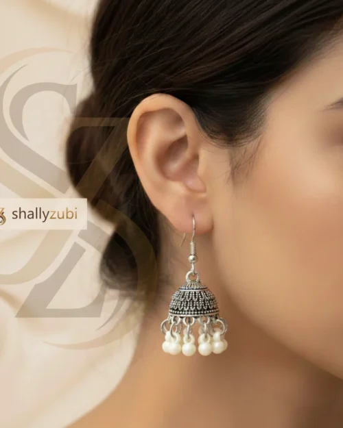 Traditional Oxidized jhumka earrings with white bead drops