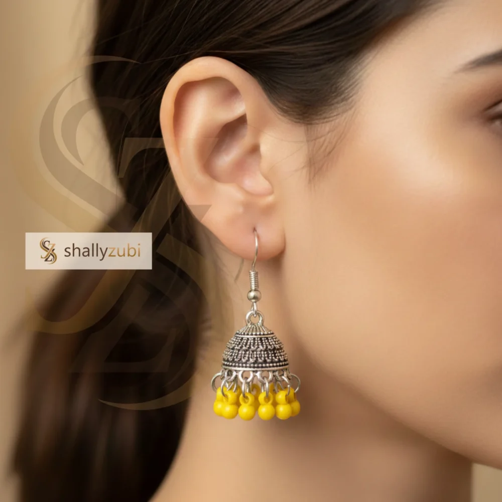 Traditional Oxidized silver jhumka earrings with yellow bead drops | shallyzubi jhumki