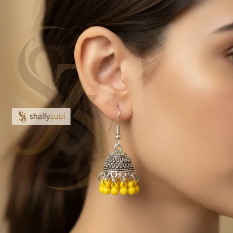 Traditional Oxidized silver jhumka earrings with yellow bead drops