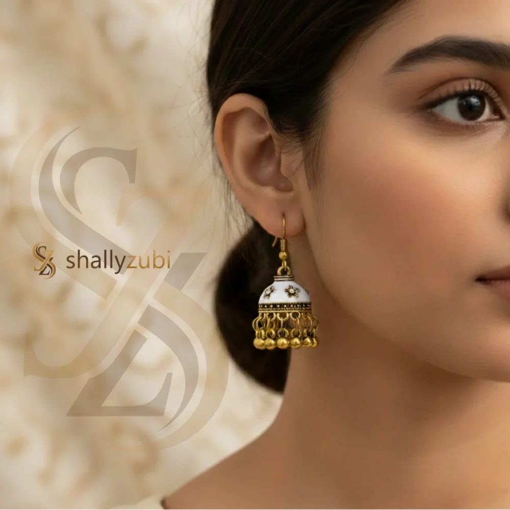 White jhumki-Golden coated pear white color Bell-shaped drop jhumki | shallyzubi jhumki