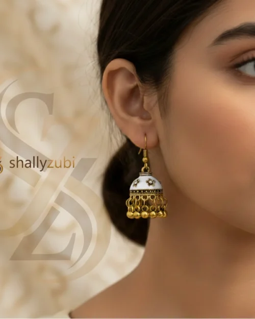 White jhumki-Golden coated pear white color Bell-shaped drop jhumki