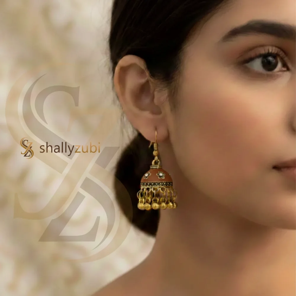 brown - Golden coated Antique Bronze color Bell-shaped drop jhumki | shallyzubi jhumki