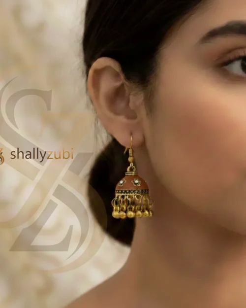 brown - Golden coated Antique Bronze color Bell-shaped drop jhumki