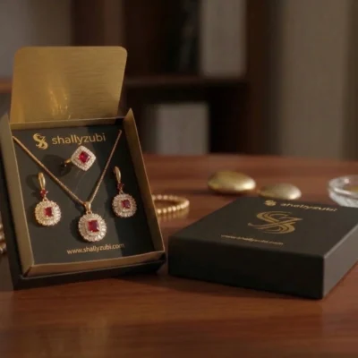 golden-plated red stone cubic zirconia jewelry set