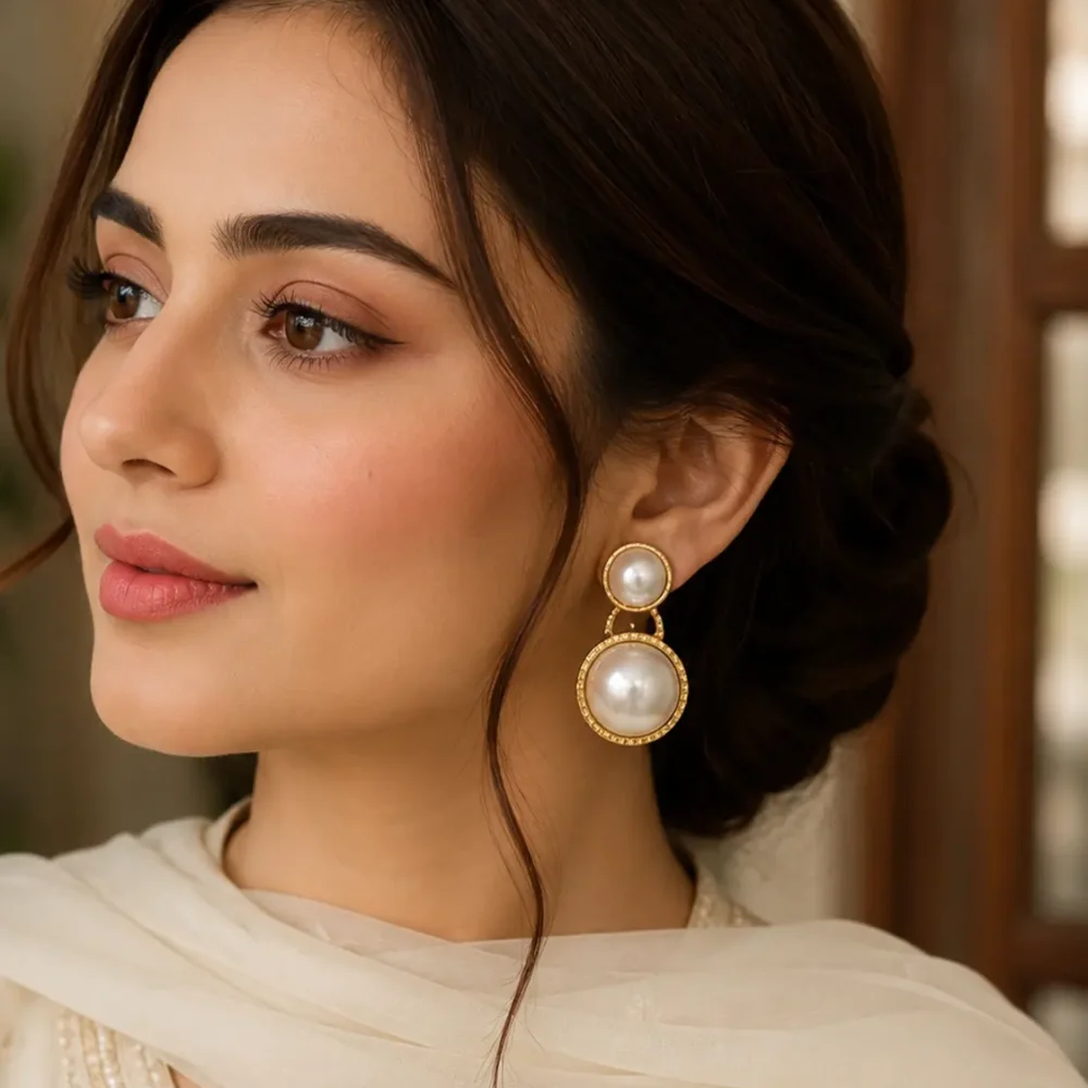 Golden and white pearl drop earrings | shallyzubi pearl drop earrings