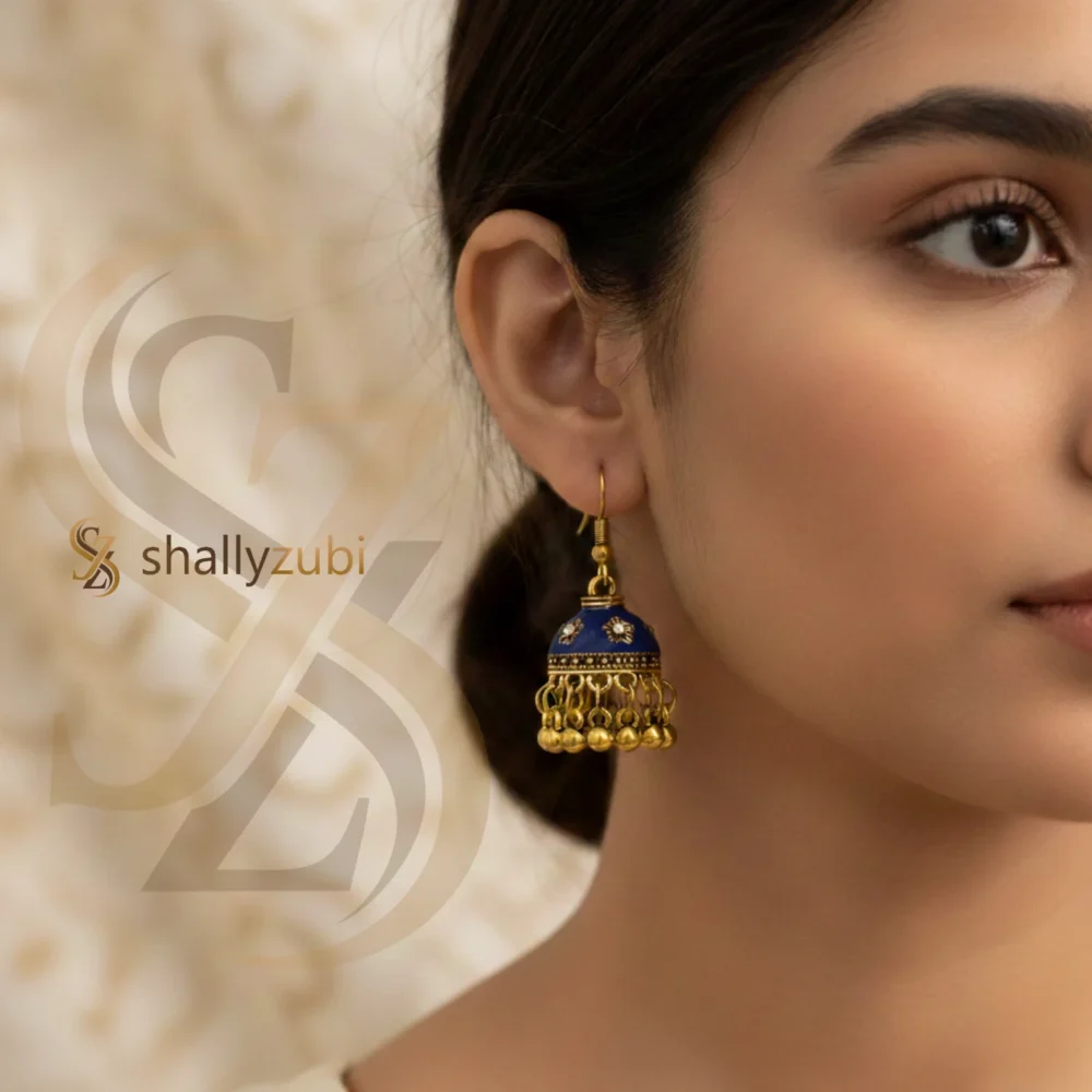 purple blue Golden coated colour Bell-shaped drop jhumki | shallyzubi jhumki