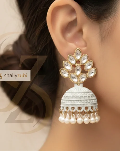 white jhumka in matte bell-shaped