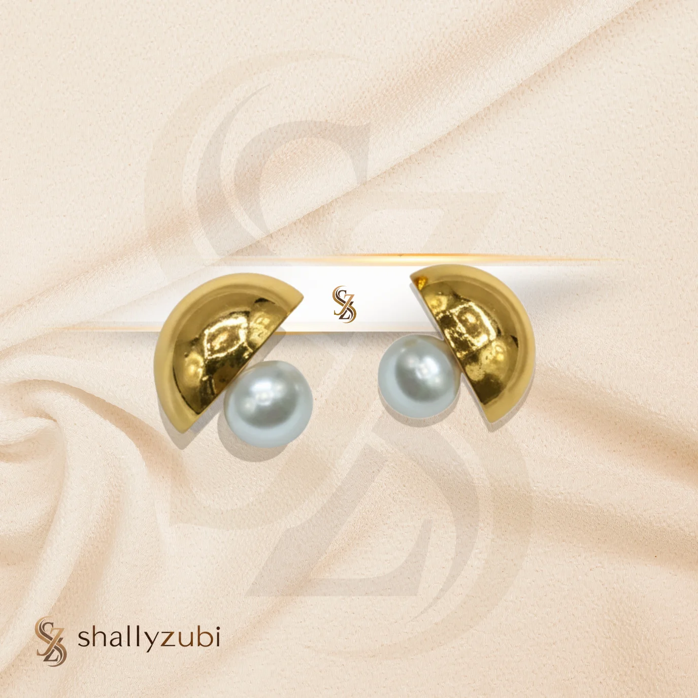 Golden color stud half circle shape with white pearl