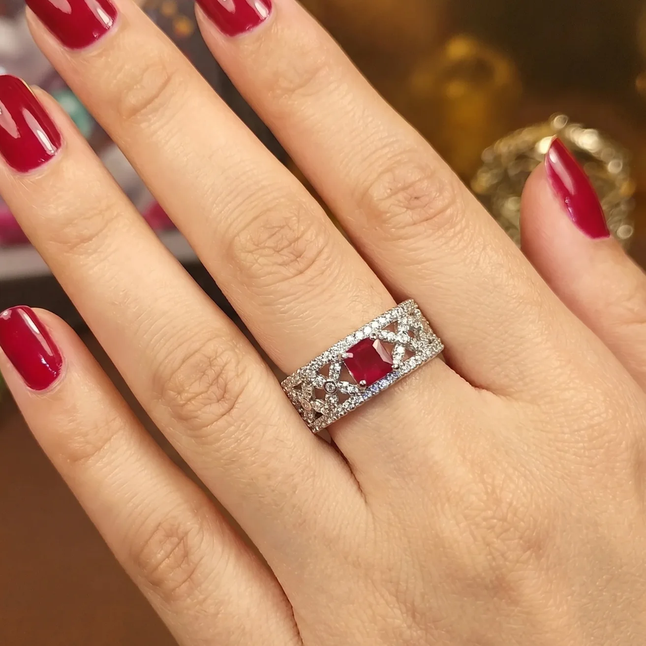 Red stone Silver anti-tarnish Ring | with Ring-Box
