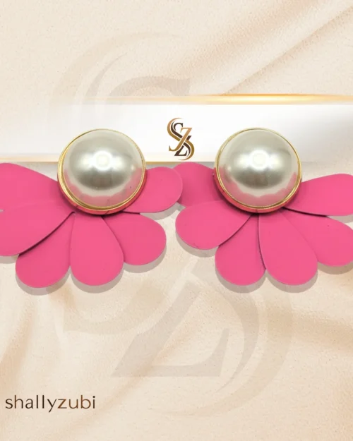 Pink Flower Ear Studs with white bead| Earrings-shallyzubi| With-Earrings-box