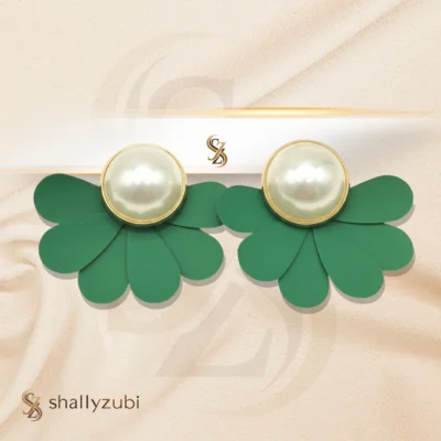 Green Flower Ear Studs with white bead| Earrings-shallyzubi| With-Earrings-box