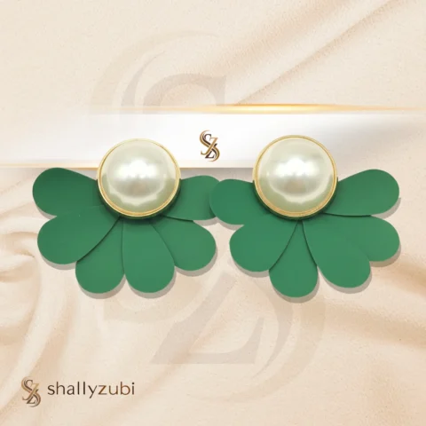 Green Flower Ear Studs with white bead| Earrings-shallyzubi| With-Earrings-box