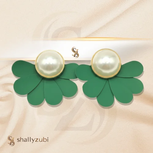Green Flower Ear Studs with white bead| Earrings-shallyzubi| With-Earrings-box
