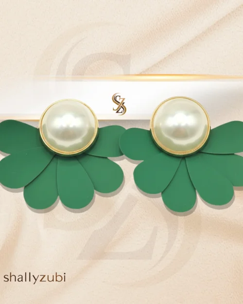 Green Flower Ear Studs with white bead| Earrings-shallyzubi| With-Earrings-box
