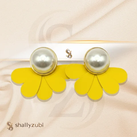 Yellow Flower Ear Studs with white bead| Earrings-shallyzubi